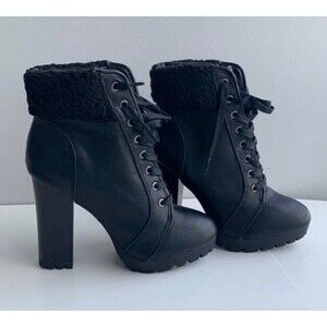 Bamboo Women Black Faux Fur Lined Platform Hiker Heeled Combat Boots Size 10